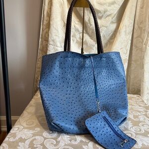 Ostrich embossed blue large tote bag with small matching zipper bag